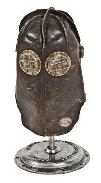 original c. 1900-10 hand-stitched leather vajen-bader "patent smoke protector" fireman helmet with intact mica lenses and badge