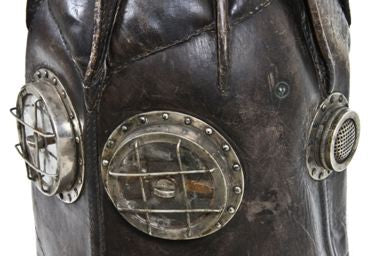 original c. 1900-10 hand-stitched leather vajen-bader "patent smoke protector" fireman helmet with intact mica lenses and badge