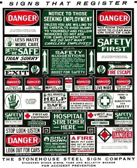 set of three matching vintage american industrial hospital powerhouse "use hand rail" cautionary die cut steel signs