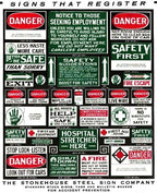 set of three matching vintage american industrial hospital powerhouse "use hand rail" cautionary die cut steel signs