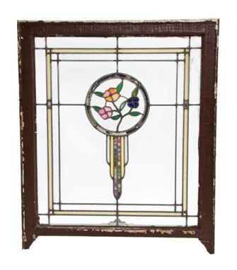 early 20th century original antique american salvaged chicago prairie school style residential art glass window with intact varnished frame