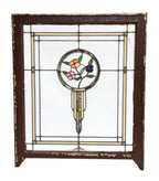 early 20th century original antique american salvaged chicago prairie school style residential art glass window with intact varnished frame