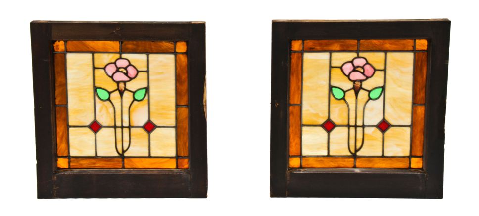 matching pair of brightly colored c. 1915-20 american residential arts & crafts style stained glass windows