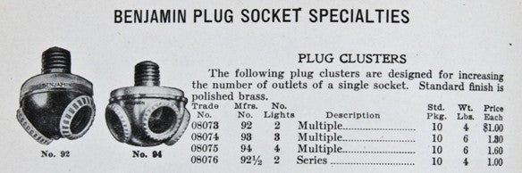 set of original early american industrial electric double lamp patented "benjamin" socket clusters with standard edison screw base plugs