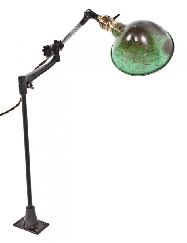 all original and fully functional american antique industrial versatile "white portable" workbench factory machinist task lamp with green rolled rim reflector