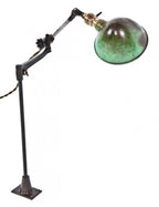all original and fully functional american antique industrial versatile "white portable" workbench factory machinist task lamp with green rolled rim reflector