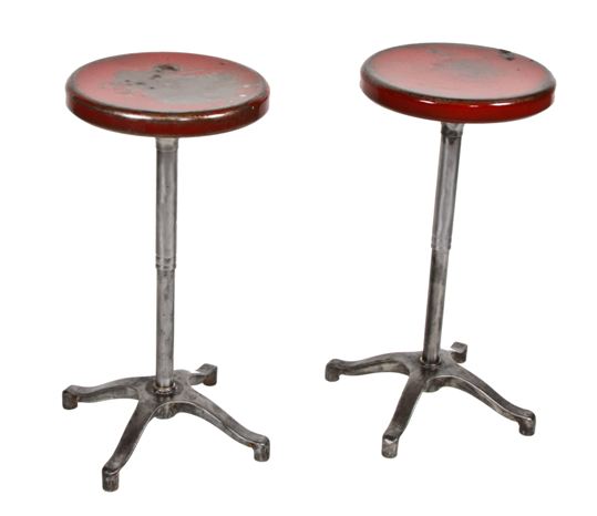 matching set of late 1940's "adjustrite" vintage industrial steel stools with old red paint swivel seats