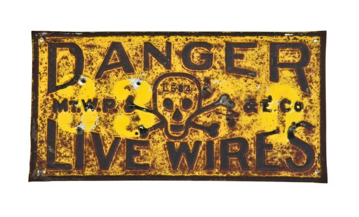 original c. 1920's single-sided nicely weathered enameled die cut steel "live wires" cautionary sign with skull & crossbones symbol