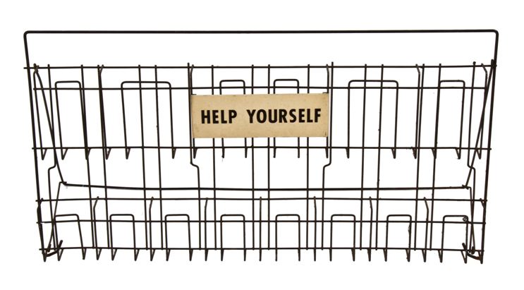 completely intact c. 1950's vintage freestanding two tier bent metal wire "help yourself" chicago motel travel brochure rack