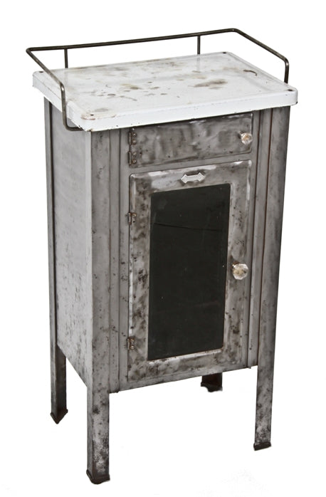 c. 1915-20 vintage medical freestanding heavy gauge steel operating room supply cabinet with original white porcelain enameled top