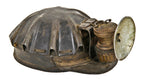 nicely worn original c. 1930's american antique industrial hardened leather "turtle" coal mining hard hat with original carbide "auto-lite" gas lamp