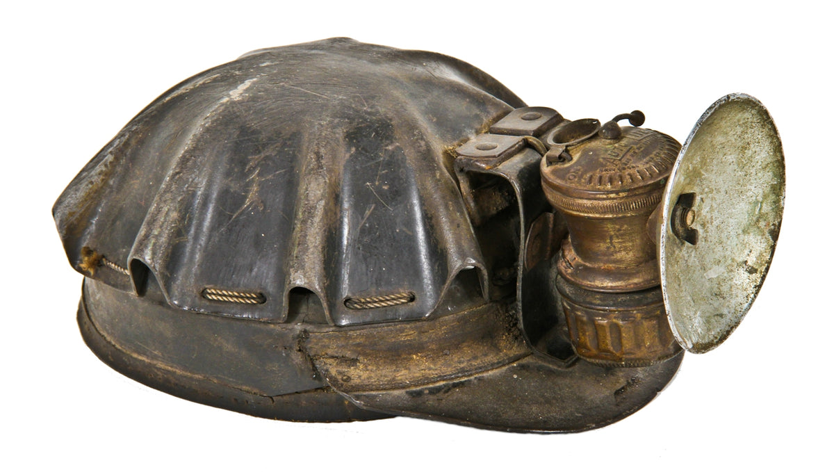 nicely worn original c. 1930's american antique industrial hardened leather "turtle" coal mining hard hat with original carbide "auto-lite" gas lamp