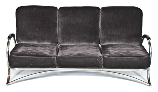 remarkable c. 1930's machine age american art deco bent tubular chrome three-seat sofa with black upholstered seats