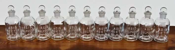 large assortment of c. 1920's vintage scientific laboratory chemistry reagent bottles with original stoppers