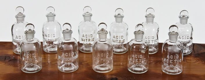large lot of 11 c. 1920's vintage medical scientific laboratory chemistry reagent glass bottles