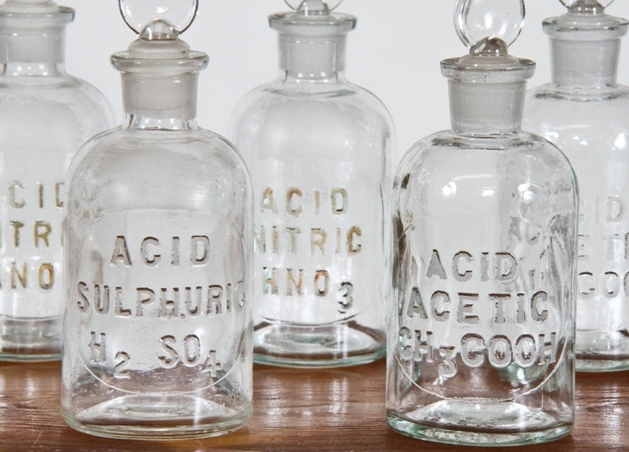 large assortment of c. 1920's vintage scientific laboratory chemistry reagent bottles with original stoppers