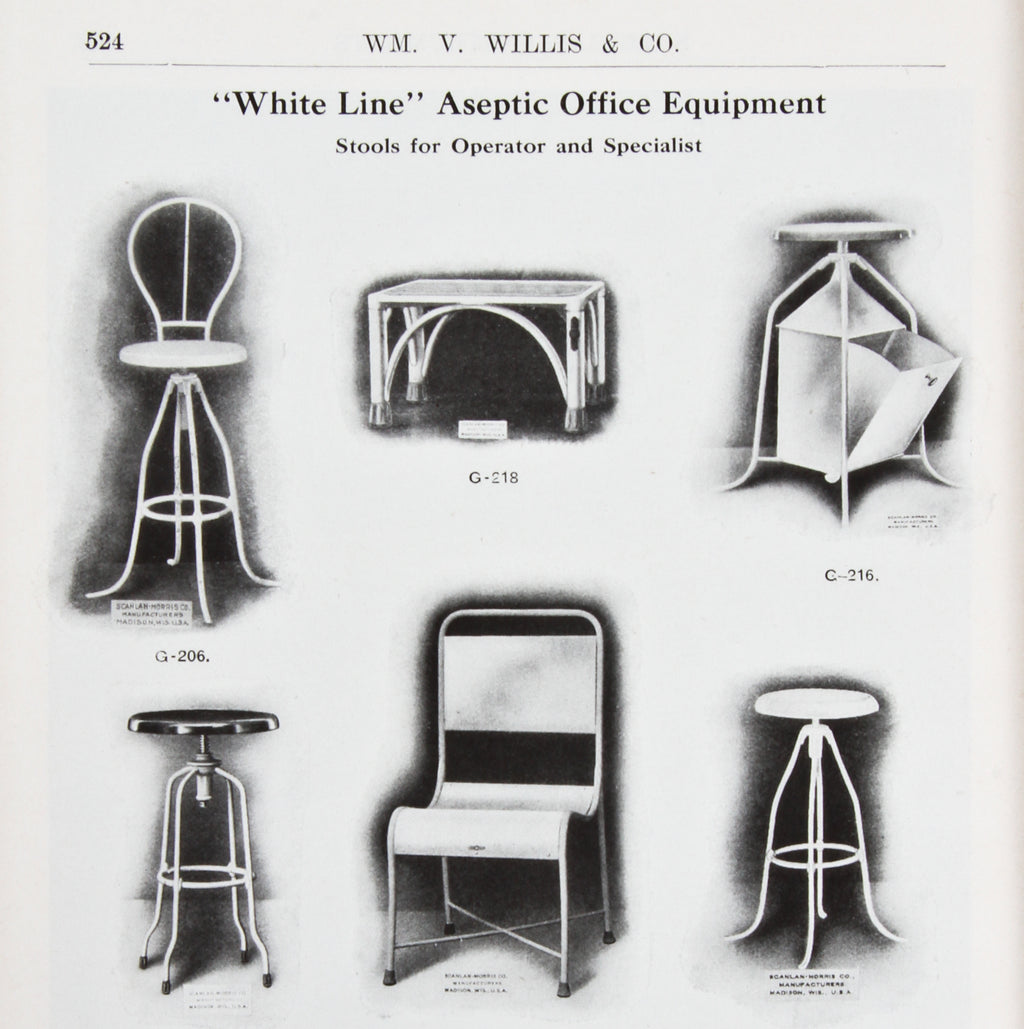unusual shaped early 20th century american medical three-legged tripod adjustable height hospital operating room surgeon stool with revolving seat