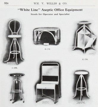 vintage c. 1930's american medical adjustable height bent tubular steel four-legged hospital examination room stool with revolving seat