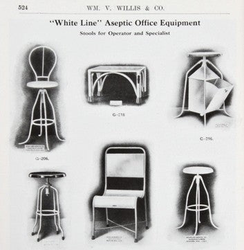 refinished c. 1920's original and intact low-lying pressed and formed sheet iron "davis" american medical stationary hospital chair with tubular-shaped legs
