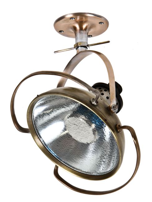 c. 1930's vintage medical spun yellow brass hospital operating room ceiling mount light with original tempered glass lens