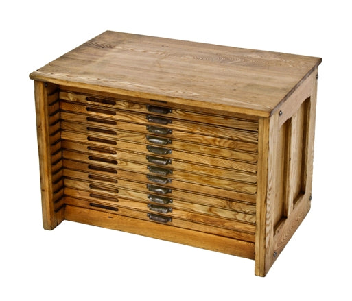 refinished c. 1920's vintage industrial oak wood multi-drawer "hamilton" flat file or typeset cabinet