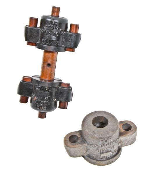 two-part early 20th century american industrial painted hardwood boylston steam specialties pattern form used for casting diminutive "hoods" for steam traps