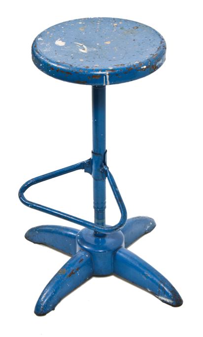 original c. 1940's distressed blue enameled functional tubular steel "adjustrite" factory stool