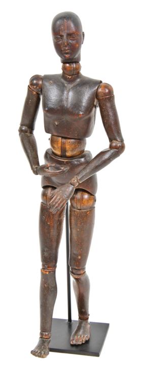 remarkable museum quality antique american folk art fully articulated 19th century hand-crafted walnut wood artists mannequin with striking features