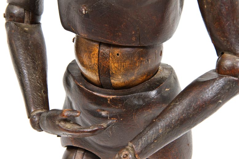 remarkable museum quality antique american folk art fully articulated 19th century hand-crafted walnut wood artists mannequin with striking features
