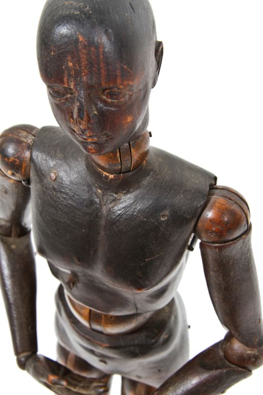remarkable museum quality antique american folk art fully articulated 19th century hand-crafted walnut wood artists mannequin with striking features