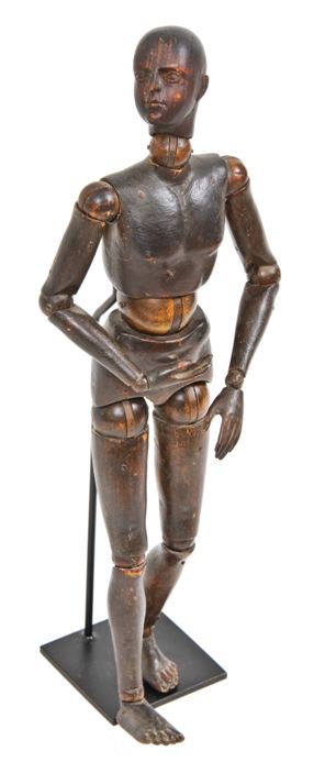 remarkable museum quality antique american folk art fully articulated 19th century hand-crafted walnut wood artists mannequin with striking features