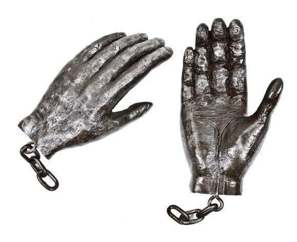 very unique all original american depression era folk art oversized meticulously detailed solid cast iron sculpted open-palmed human hands with integrated eye hooks