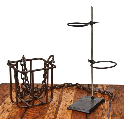 early 20th century vintage industrial scientific laboratory benchtop retort stand with two ring clamps