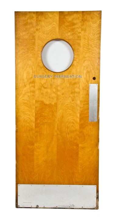 early 1950's varnished birch wood veneer michael reese hospital "surgery preparation" serum center laboratory door with round portal