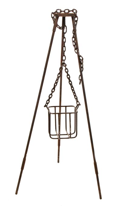 unusual early 20th century vintage industrial three-legged forged iron tripod stand with salt block holder