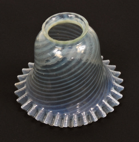 fanciful early 1900's antique american victorian era crimped edge blue opalescent swirl art glass shade for gasolier or electrolier