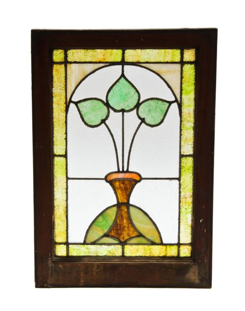 original c. 1908 american craftsman style residential art glass window featuring a vase with floral motifs