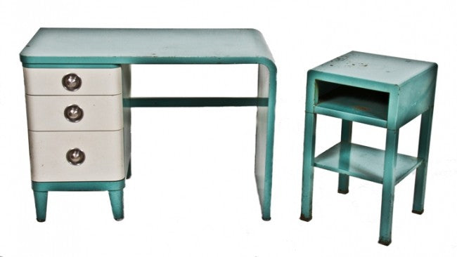 original unrestored c. 1930's american art deco style dupont "deluxe" two-tone green enameled streamlined style steel desk