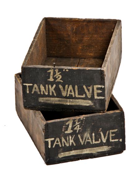 pair of original and remarkably intact c. 1920's vintage industrial hand-painted pine wood "tank valve" factory cabinet drawers or bins