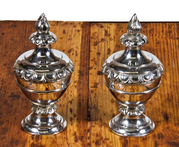 set of c. 1929 nickel-plated ornamental cast bronze first national bank interior lobby pilaster finials