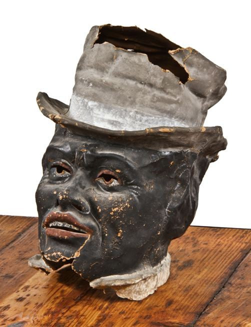 very unique and unusual antique american 19th century hand-applied folk art polychrome enameled papier-mache mask of depicting an african american with top hat