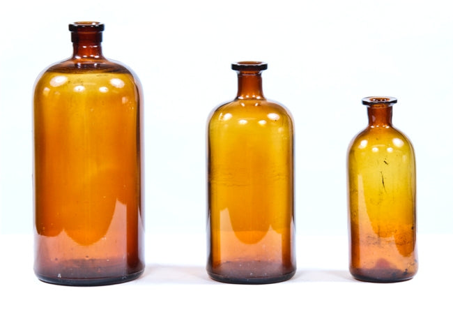 lot of three original vintage medical research laboratory flat bottom amber glass reagent bottles