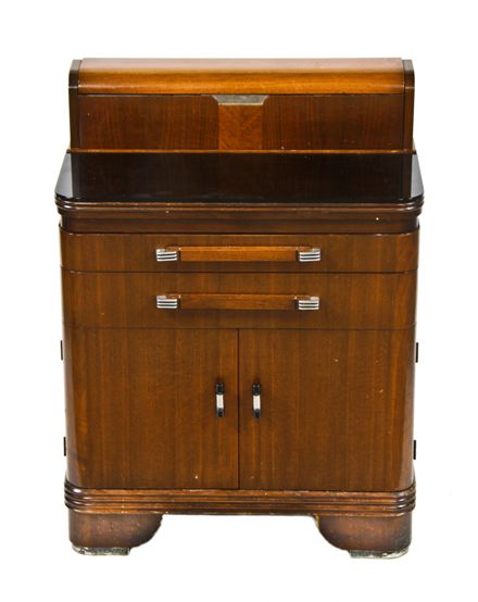 original c. 1930's american art deco varnished walnut wood hospital examination room medical supply cabinet