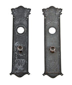 two matching original c. 1895 ornamental cast iron union trust building interior office doorknob backplates