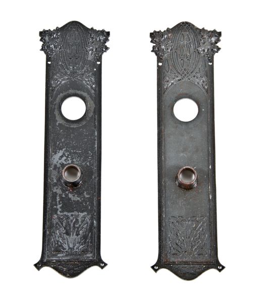 two matching original c. 1895 ornamental cast iron union trust building interior office doorknob backplates