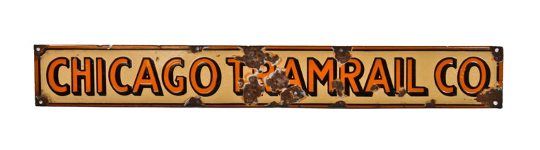 c. 1930's old american single-sided porcelain enameled "chicago tramrail" gantry factory crane sign