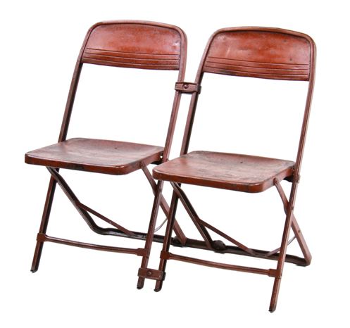 c. 1940's vintage industrial interconnected hinged metal folding chairs with old red paint finish