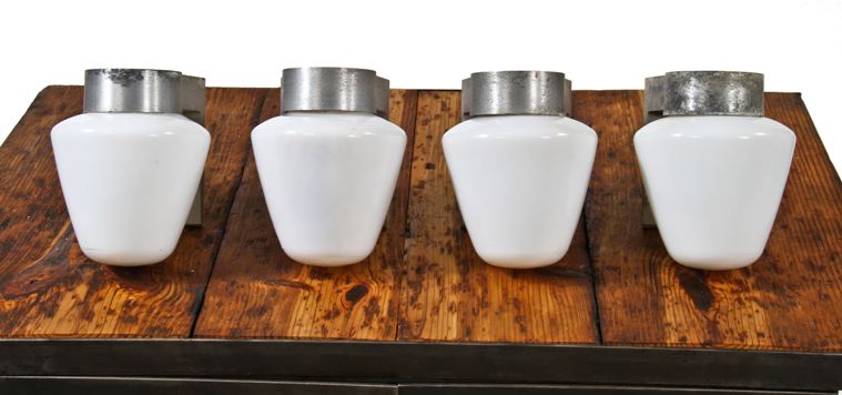 c. 1950's vintage industrial exterior commercial building wall sconces with white opalescent glass shades