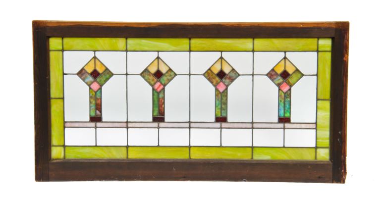 c. 1915 vibrantly colored interior residential american arts & crafts or craftsman style art glass transom window