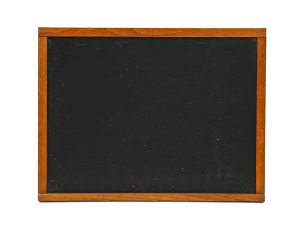 c. 1950's vintage industrial single-sided wall mount black slate chalkboard with varnished oak wood frame
